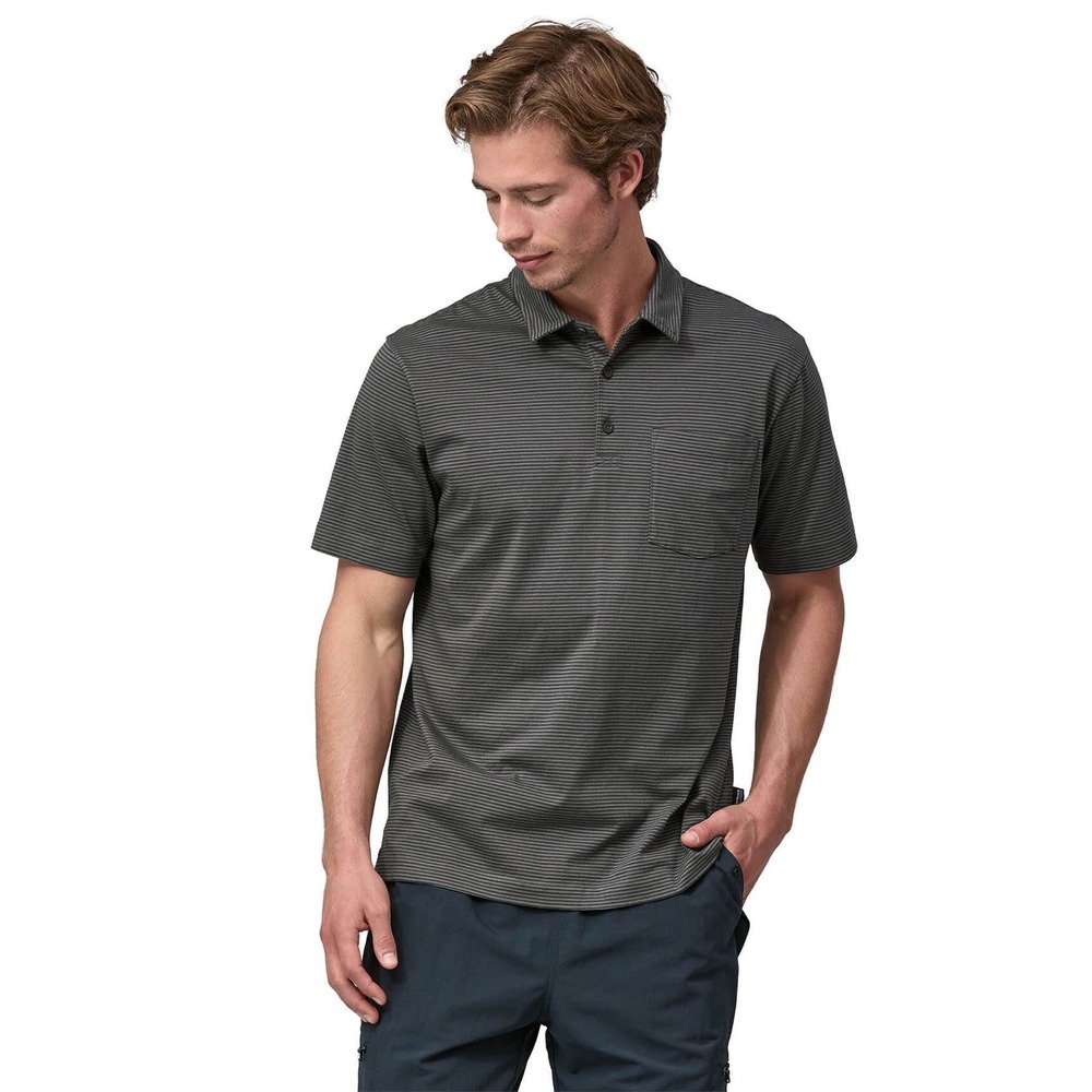 Patagonia Men's Striped Performance Polo Shirt Gray Pocket Short Sleeve Size S